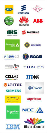 MTN, Glo, IHS, Cell C, Unitel, ericsson, huawei, zte, siemens, mascom, fibreco, schneider electric, ibm, conco, ingeteam, santerno, saab, thales, multichoice, nec, dimension data, south african police service, interconnect systems, eskom, abb,